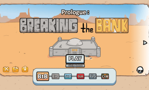 The stickman in Breaking the Bank stands in front of a desert bank, ready to commit a heist