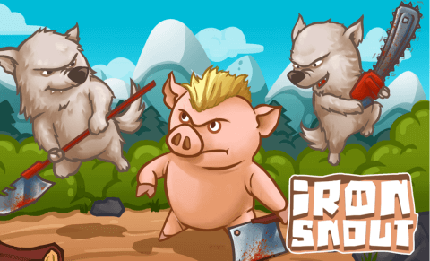 Iron Snout characters are standing before the challenge, in the middle is a cute pink pig