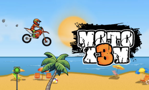 The motorcyclist is flying in the air, next to the game name Moto X3M, the beach scene has