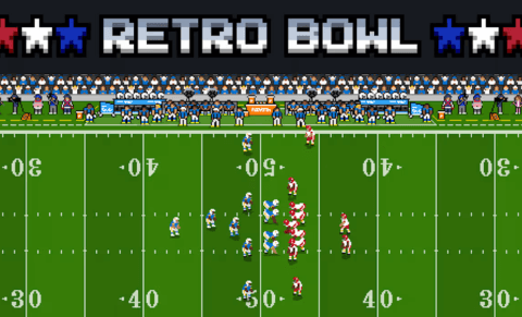 Players are fighting fiercely for the ball during the match in Retro Bowl