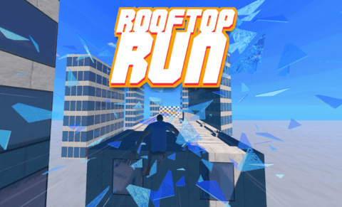 The main character is flying from roof to roof in Rooftop Run