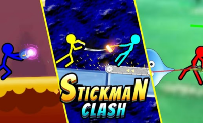 2 stickmen holding swords fighting each other in Stickman Clash