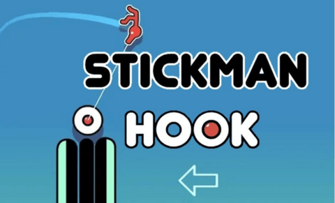 Stickman character is swinging over obstacles in stickman hook game