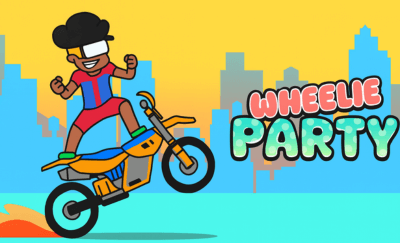 The character is performing a beautiful wheelie in the colorful world of Wheelie Party